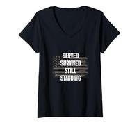 Donna Served Survived Still Standing Distressed Flag Military Veterinario Maglietta con Collo a V