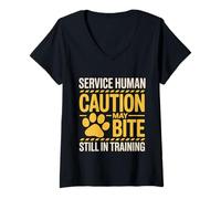 Donna Service Human Caution May Bite Still in Training |- Maglietta con Collo a V