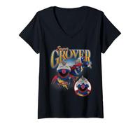 Donna Sesame Street Super Grover Bootleg Style Maglietta con Collo a V