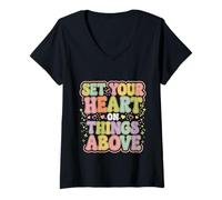 Donna Set Your Heart On Things Above Christian Faith Reminder --- Maglietta con Collo a V
