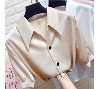 Donna Seta Raso Camicia Camicetta Mezza Manica Solido Bottoni T-Shirt Estate