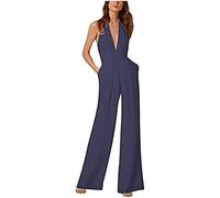 Donna Sexy Appeso Collo Lungo Scollo a V Tinta Unita Sette Punti Manica Chiffon Tuta Elegante Abito da invitata a Nozze con Tasche Vita Alta Set di Pantaloni Cattivi (Blu,M)