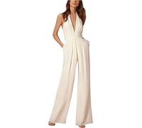 Donna Sexy Appeso Collo Lungo Scollo a V Tinta Unita Sette Punti Manica Chiffon Tuta Elegante Abito da invitata a Nozze con Tasche Vita Alta Set di Pantaloni Cattivi (Bianco,XXL)