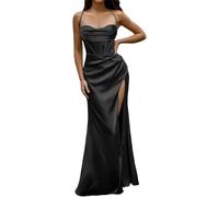 LLECDASEUI Donna Sexy Corsetto Spaghetti con cinturino Vestito maxi Elegante In raso Abiti da sera Taglio basso Spacco alla coscia A lisca di pesce Abiti lunghi (S,Nero)