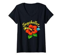 Donna Seychelles - Isola con Fiori Tropicali Maglietta con Collo a V