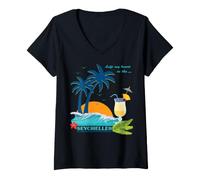 Donna Seychelles Palme Spiaggia Isole Souvenir Maglietta con Collo a V