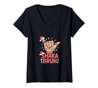 Donna Shaka Bruh Sign Hawaiian Christmas Lights Santa Hat Hula Lei Maglietta con Collo a V