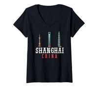 Donna Shanghai, Cina, Skyline della Città Maglietta con Collo a V