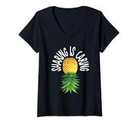 Donna Sharing is Caring Upside Down Ananas Divertente Swinger Maglietta con Collo a V