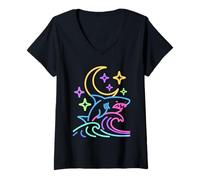 Donna Shark Art Stars Night Crescent Ocean Anni '80 e '90 Stile Maglietta con Collo a V