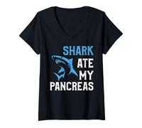Donna Shark Ate My Pancreas Funny T1D Diabetico Tipo 1 Diabete Maglietta con Collo a V