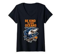 Donna Shark Be Kind To Our Oceans Vintage Ragazzi Shark Maglietta con Collo a V