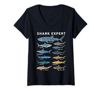 Donna Shark Expert Chart Kids Boys Men Ocean Species Maglietta con Collo a V