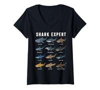 Donna Shark Expert Chart Kids Boys Men Ocean Species Maglietta con Collo a V