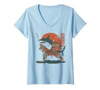Donna Shark Samurai Warrior Katana Arte Giapponese Maglietta con Collo a V