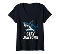 Donna Shark Stay Jawsome Vintage Ragazzo Surf Shop Shark Maglietta con Collo a V