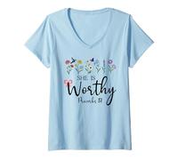 Donna She is Worthy Proverbs 31 Christian Bible Verse God Quote Maglietta con Collo a V