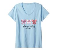 Donna She Is Worthy Proverbs 31 Emblema dell'arco Maglietta con Collo a V