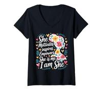 Donna She Motivates Inspires Empowers She Is Me I Am She - Maglietta con Collo a V