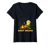 Donna Sheep Dreams - Campfire Marshmallow Camping Maglietta con Collo a V
