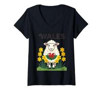 Donna Sheep Support Galles St Davids Day Design Maglietta con Collo a V