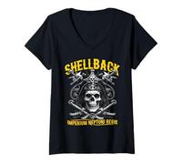 Donna Shellback Equator Crossing, Teschio da Pirata, Design Nautico Maglietta con Collo a V