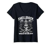 Donna Shellback Equator Crossing, Teschio da Pirata, Design Nautico Maglietta con Collo a V