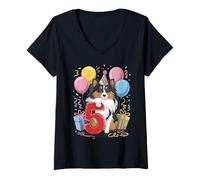 Donna Sheltie cane 5° compleanno bambini 5 anni cinque Shetland Sheepdog Maglietta con Collo a V