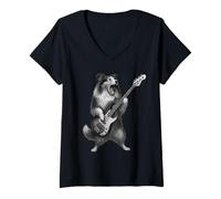 Donna Shetland Sheepdog che suona il basso della musica rock amante dei cani Maglietta con Collo a V