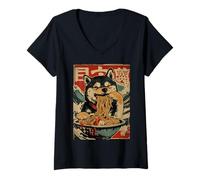 Donna Shiba Inu Cane Mangia Ramen Tagliatelle Giapponese Ukiyo-e Style Maglietta con Collo a V
