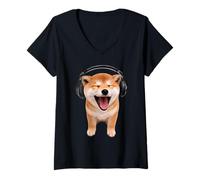 Donna Shiba Inu con cuffie che cantano gli amanti dei cani Maglietta con Collo a V