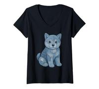 Donna Shiba Inu Cucciolo in Denim Carino Dog Lover Kawaii Grafica Maglietta con Collo a V