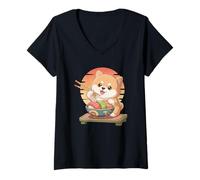 Donna Shiba Inu Dog Sushi Giapponese Kawaii Sushi Dog Puppy Amante Maglietta con Collo a V
