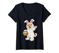 Donna Shiba Inu Dressed As Easter Bunny | Ragazzi e Ragazze Divertenti Maglietta con Collo a V