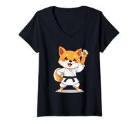 Donna Shiba Inu in Stile Cartoon con Kimono da Karate e Cintura ne Maglietta con Collo a V