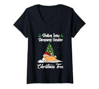 Donna Shiba Inu My Dog Sleeping Under Christmas Tree Puppy Xmas Maglietta con Collo a V