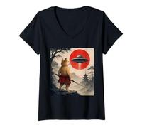 Donna Shiba Inu Samurai UFO Vintage Giapponese Ukiyo-e Amante Del Cane Maglietta con Collo a V
