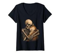 Donna Shiba Inu Scheletro Abbracciare Gotico Cane Art Maglietta con Collo a V