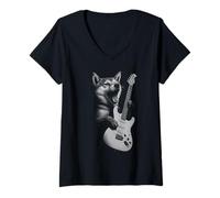Donna Shiba Inu Suonare la Chitarra Musica Rock Amante dei Maglietta con Collo a V