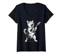 Donna Shiba Inu Suonare la Chitarra Musica Rock Amante dei Maglietta con Collo a V