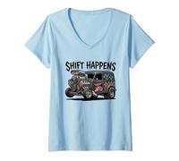 Donna Shift Happens - Canna da Topo Vintage con Design di Auto Maglietta con Collo a V