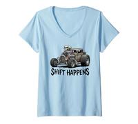Donna Shift Happens - Canna da Topo Vintage con Design di Auto Maglietta con Collo a V