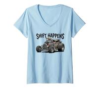 Donna Shift Happens - Canna da Topo Vintage con Design di Auto Maglietta con Collo a V