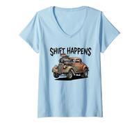 Donna Shift Happens - Canna da Topo Vintage con Design di Auto Maglietta con Collo a V