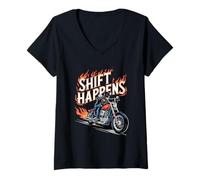 Donna Shift Happens Motociclista Maglietta con Collo a V