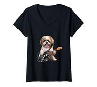 Donna Shih Tzu fa musica con la chitarra per i musicisti Maglietta con Collo a V