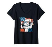 Donna Shih Tzu Merica Bandiera Americana 4 luglio Amante dei Cani Maglietta con Collo a V