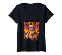 Donna Shihtzilla Giant Shih Tzu Cane Mostro Film Parodia Maglietta con Collo a V