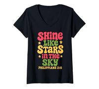 Donna Shine Like Stars Philippians 2:15 Retro Bibbia Verso Citazione Maglietta con Collo a V