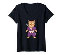 Donna Shinobi Samurai Ninja Cat Warrior Arte Giapponese Maglietta con Collo a V